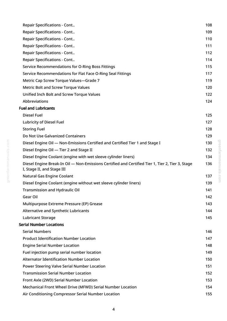 May include: A page from a manual with a table of contents. The text includes repair specifications, fuel and lubricants, and serial number locations. The page numbers are listed on the right side.