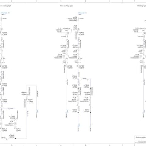 May include: A technical diagram with three vertical schematics, labeled "Chromoscopic beam working light," "Rear working light," and "Working lights sideways." The diagram uses lines, symbols, and text to represent electrical circuits.
