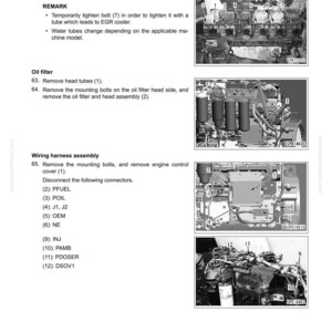 May include: Diagram of engine components with labels and numbers for disassembly and assembly instructions. Includes images of the engine parts and text instructions for water tubes, oil filter, and wiring harness assembly.