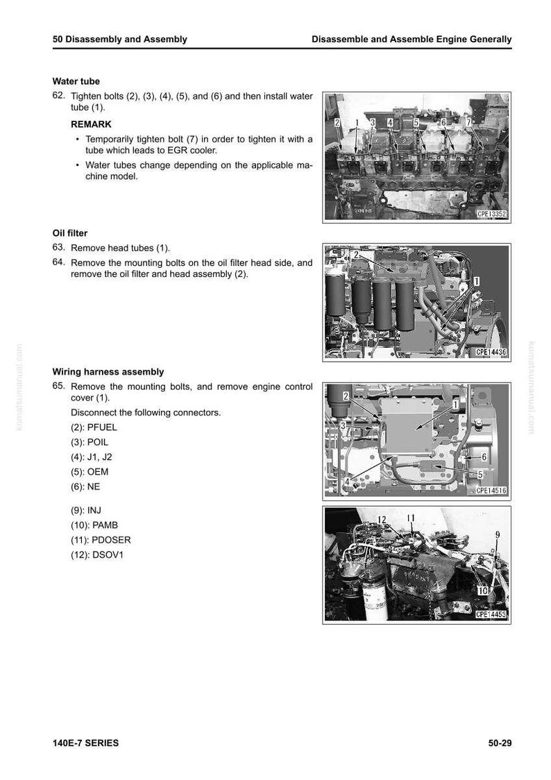 May include: Diagram of engine components with labels and numbers for disassembly and assembly instructions. Includes images of the engine parts and text instructions for water tubes, oil filter, and wiring harness assembly.