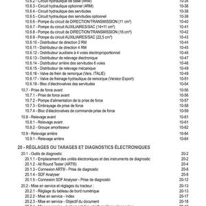 Puede incluir: Una tabla de contenidos detallada de un manual, con t&iacute;tulos y n&uacute;meros de p&aacute;gina. Las secciones incluyen hidr&aacute;ulica, diagn&oacute;sticos y ajustes del tractor. Los n&uacute;meros de p&aacute;gina van de 10-31 a 20-22.