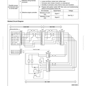 May include: A troubleshooting diagram with failure codes and a related circuit diagram. The text includes causes, standard values, and remarks for troubleshooting. The diagram shows wiring and components.