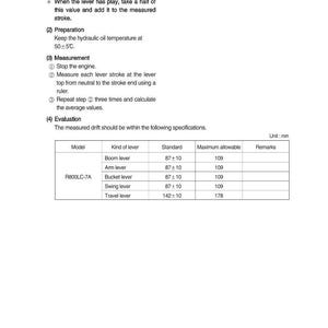Puede incluir: Un diagrama t&eacute;cnico con instrucciones para medir la carrera de la palanca de control. El texto incluye pasos de preparaci&oacute;n, medici&oacute;n y evaluaci&oacute;n, con una tabla que muestra los valores est&aacute;ndar y m&aacute;ximos permitidos en mm para varios tipos de palancas.