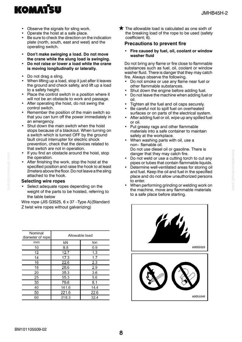 May include: A Komatsu manual page with safety instructions and a table for selecting wire ropes. It includes warnings about fire prevention and diagrams of safety symbols. The table lists rope diameters in mm and their allowable loads in tons.