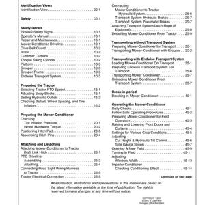 May include: A printed manual page titled "Contents" with a table of contents listing topics such as safety, tractor preparation, and mower-conditioner operation. The page is white with black text.