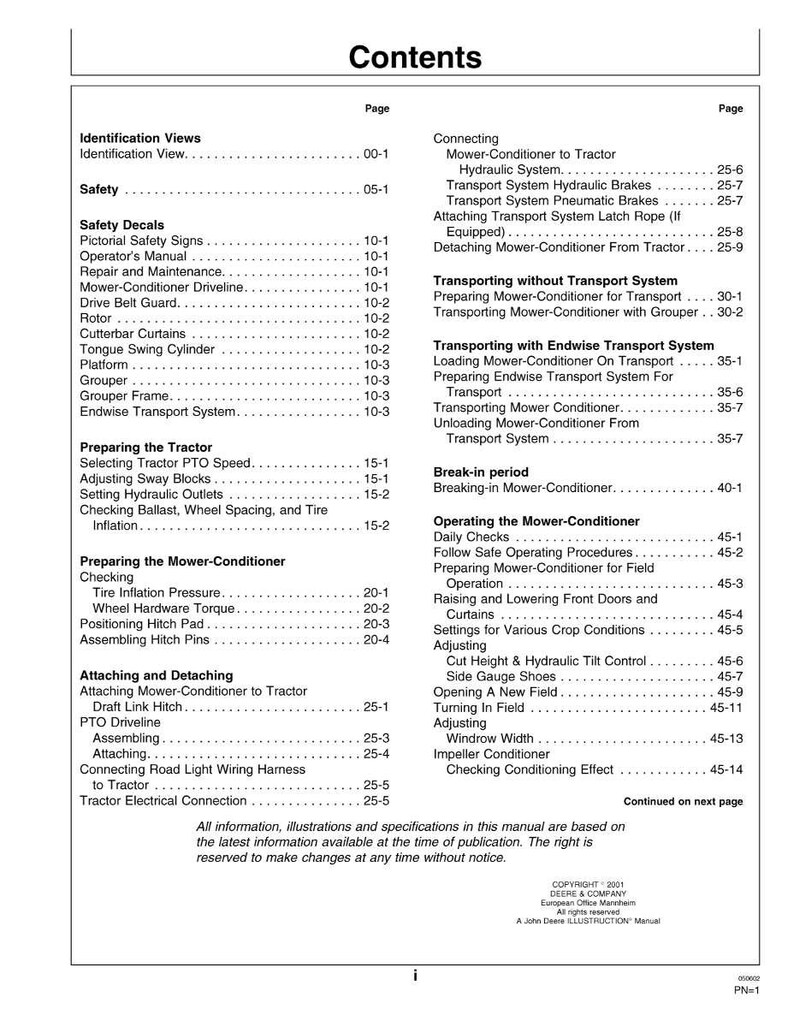 May include: A printed manual page titled "Contents" with a table of contents listing topics such as safety, tractor preparation, and mower-conditioner operation. The page is white with black text.