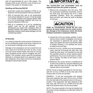 May include: A page from an operator's manual detailing system oil requirements for R-134a air conditioning systems. It includes instructions for handling, reusing PAG oil, and checking oil quantity, with a warning about compressor damage.