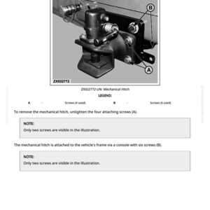 May include: Diagram illustrating the removal and installation of a mechanical hitch. The image shows the hitch assembly with labels for screws (A) and (B). Text provides instructions for untightening screws for removal.