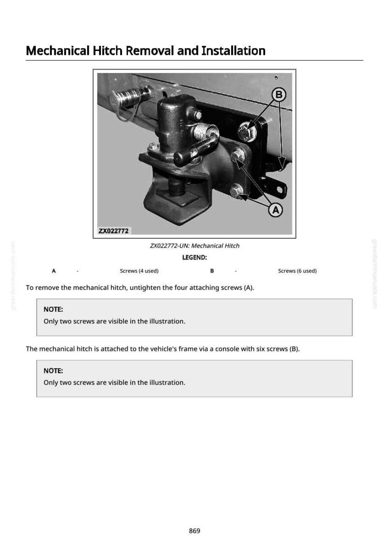 May include: Diagram illustrating the removal and installation of a mechanical hitch. The image shows the hitch assembly with labels for screws (A) and (B). Text provides instructions for untightening screws for removal.