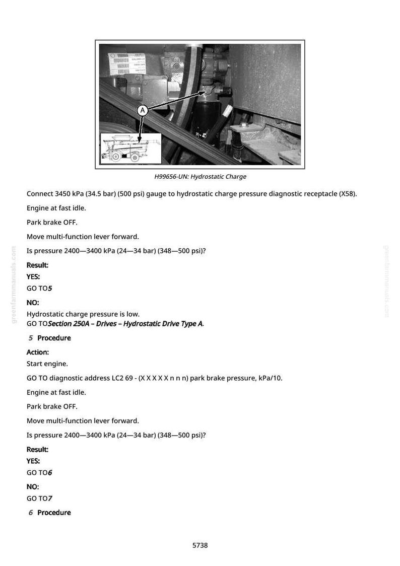 May include: Black and white technical diagram with text detailing hydrostatic charge pressure diagnostics. The diagram includes an image of a machine component with an arrow pointing to a specific area. Text includes instructions and pressure readings in kPa and psi.