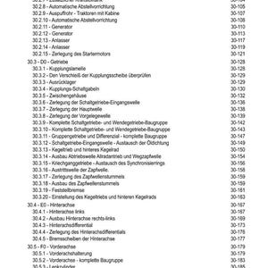 Może przedstawiać: Szczeg&oacute;łowy spis treści w języku niemieckim, wymieniający r&oacute;żne komponenty mechaniczne i odpowiadające im numery stron. Dokument ten wydaje się być przeznaczony do instrukcji technicznej lub przewodnika, z sekcjami dotyczącymi filtr&oacute;w, zbiornik&oacute;w i przekładni.