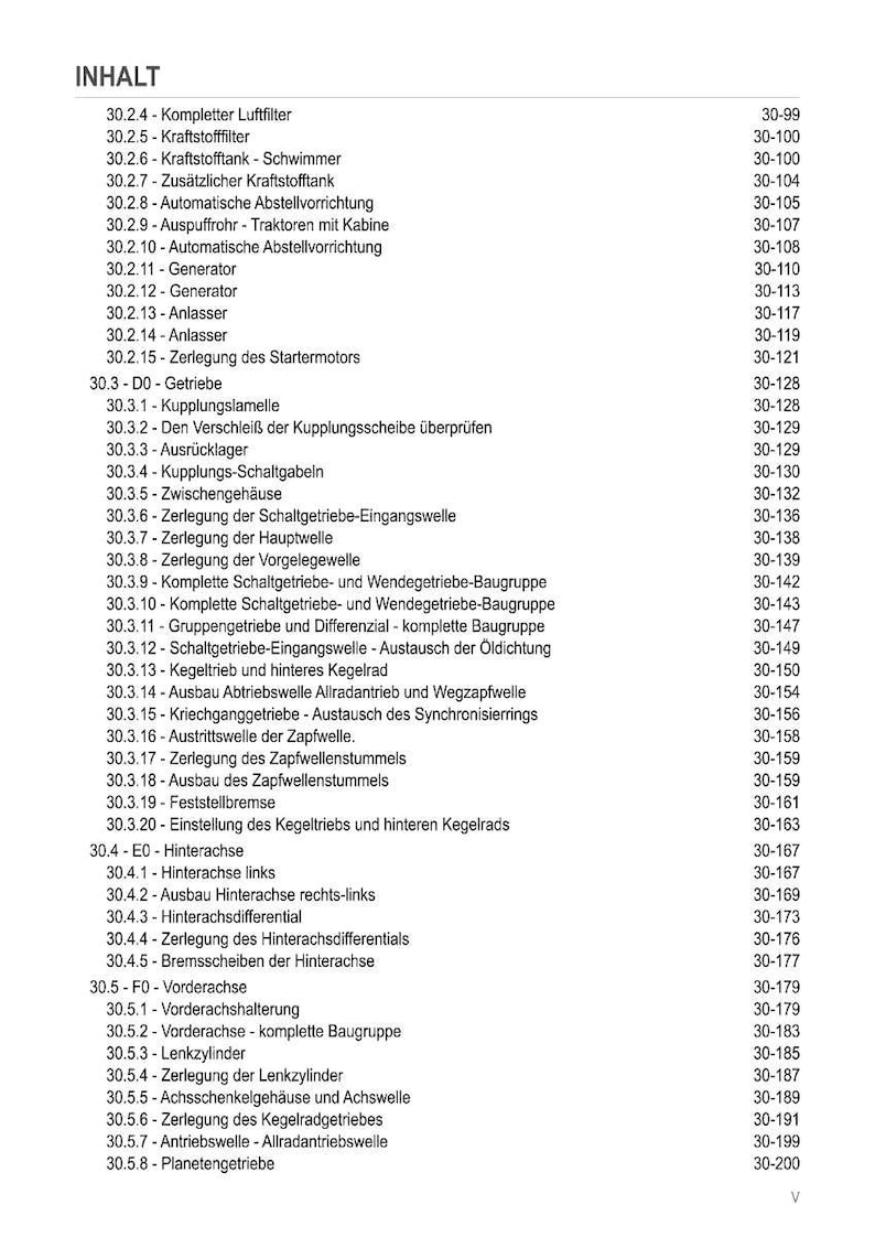 Może przedstawiać: Szczeg&oacute;łowy spis treści w języku niemieckim, wymieniający r&oacute;żne komponenty mechaniczne i odpowiadające im numery stron. Dokument ten wydaje się być przeznaczony do instrukcji technicznej lub przewodnika, z sekcjami dotyczącymi filtr&oacute;w, zbiornik&oacute;w i przekładni.
