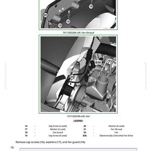 May include: Diagram of a fan shroud and fan assembly with labels for components like cap screws, washers, and fan guard. The text "TX1130328A-UN: Fan Shroud" and "TX1130329A-UN: Fan" are visible. Instructions are included to prevent damage.
