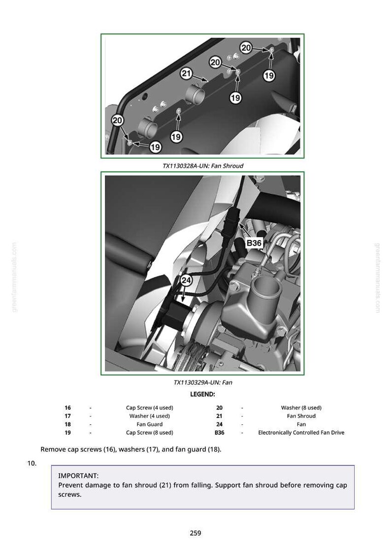 May include: Diagram of a fan shroud and fan assembly with labels for components like cap screws, washers, and fan guard. The text "TX1130328A-UN: Fan Shroud" and "TX1130329A-UN: Fan" are visible. Instructions are included to prevent damage.