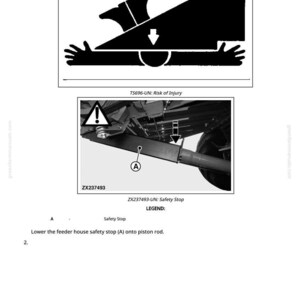 Pu&ograve; includere: Diagrammi tecnici da un manuale, con un simbolo di avvertimento e viste dettagliate di parti di macchinari. Il testo include "Rischio di lesioni" e istruzioni per un arresto di sicurezza.