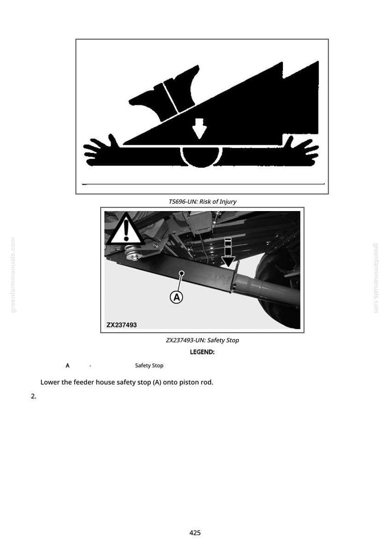 Pu&ograve; includere: Diagrammi tecnici da un manuale, con un simbolo di avvertimento e viste dettagliate di parti di macchinari. Il testo include "Rischio di lesioni" e istruzioni per un arresto di sicurezza.