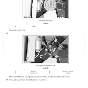 May include: Diagram of machinery components, including a pulley and separator drive. The image shows labeled parts such as shaft key, locking collar, cap screws, and bearing. Text instructions are also included.