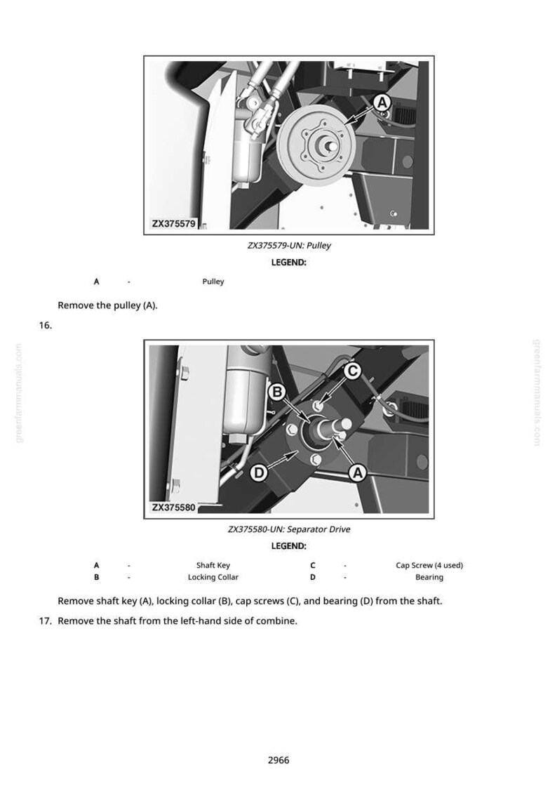 May include: Diagram of machinery components, including a pulley and separator drive. The image shows labeled parts such as shaft key, locking collar, cap screws, and bearing. Text instructions are also included.
