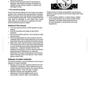 K&ouml;nnte beinhalten: Eine Seite aus einem Komatsu-Handbuch mit Sicherheitshinweisen. Der Text behandelt Brandschutzma&szlig;nahmen bei elektrischen Leitungen und Rohrleitungen, Ma&szlig;nahmen im Brandfall und Abfallentsorgung. Enth&auml;lt eine Abbildung eines brennenden Objekts mit einem Verbotszeichen.