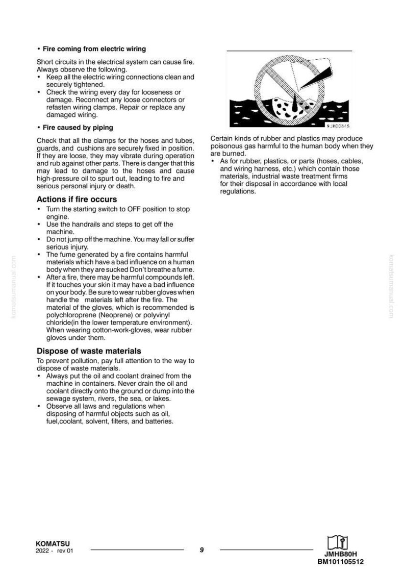 K&ouml;nnte beinhalten: Eine Seite aus einem Komatsu-Handbuch mit Sicherheitshinweisen. Der Text behandelt Brandschutzma&szlig;nahmen bei elektrischen Leitungen und Rohrleitungen, Ma&szlig;nahmen im Brandfall und Abfallentsorgung. Enth&auml;lt eine Abbildung eines brennenden Objekts mit einem Verbotszeichen.