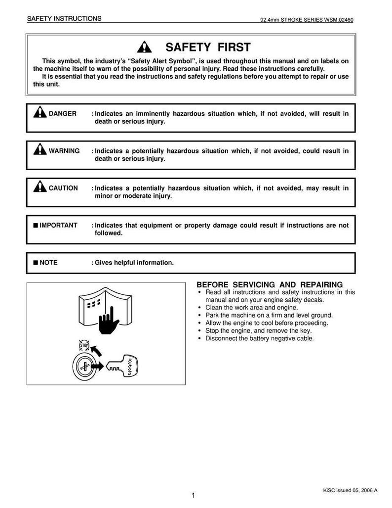 May include: A safety instruction manual with the title "SAFETY FIRST" and safety alert symbols. The manual provides instructions and warnings, including "DANGER," "WARNING," and "CAUTION" notices. It also includes a section on servicing and repairing.