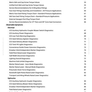 May include: A detailed table of contents from a manual, featuring titles and page numbers. The document covers topics like machine specifications, diagnostics, and service recommendations. The text is in black font on a white background.