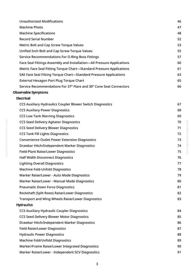 May include: A detailed table of contents from a manual, featuring titles and page numbers. The document covers topics like machine specifications, diagnostics, and service recommendations. The text is in black font on a white background.