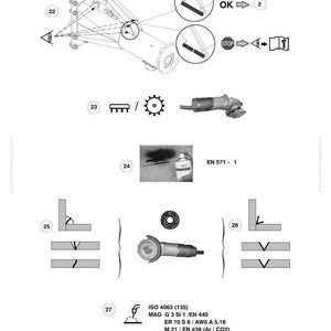 K&ouml;nnte beinhalten: Technische Zeichnung mit Illustrationen von Schwei&szlig;- und Schleifwerkzeugen. Enth&auml;lt Diagramme von Schwei&szlig;verbindungen, einen Winkelschleifer und eine Spr&uuml;hdose. Text enth&auml;lt "OK", "STOP" und technische Spezifikationen.