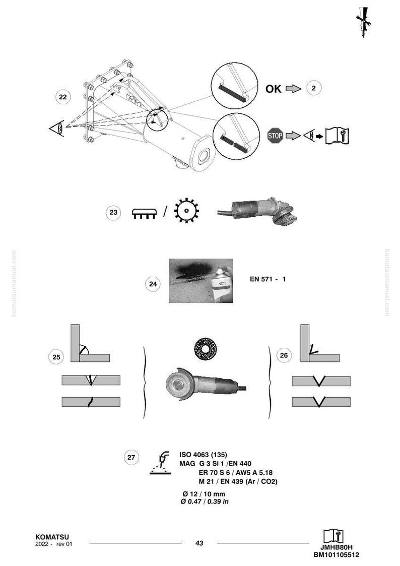 K&ouml;nnte beinhalten: Technische Zeichnung mit Illustrationen von Schwei&szlig;- und Schleifwerkzeugen. Enth&auml;lt Diagramme von Schwei&szlig;verbindungen, einen Winkelschleifer und eine Spr&uuml;hdose. Text enth&auml;lt "OK", "STOP" und technische Spezifikationen.
