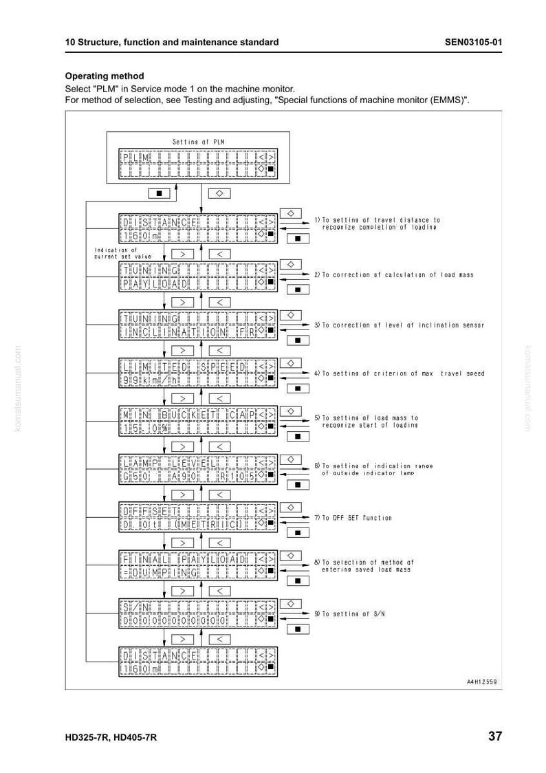 May include: A detailed diagram from a Komatsu manual, featuring a control panel layout with various settings and options. The text includes instructions for operating the machine monitor, with labels like "DISTANCE" and "SPEED".
