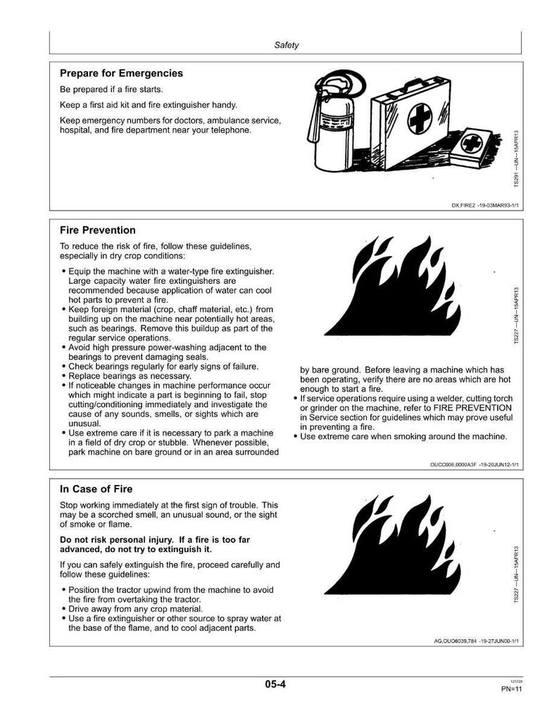 May include: Black and white illustrations of safety guidelines for emergencies, fire prevention, and actions in case of fire. Includes a fire extinguisher, first aid kit, and flames.