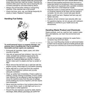 K&ouml;nnte beinhalten: Eine Seite aus einem Sicherheitshandbuch mit dem Titel &bdquo;Sicherheit&ldquo; und Anweisungen zum Umgang mit Kraftstoff und Abfallprodukten. Enth&auml;lt Warnungen vor Brandgefahren und ordnungsgem&auml;&szlig;e Entsorgungsmethoden. Die Seite enth&auml;lt auch Illustrationen.