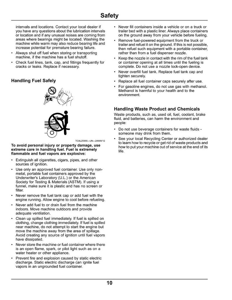 K&ouml;nnte beinhalten: Eine Seite aus einem Sicherheitshandbuch mit dem Titel &bdquo;Sicherheit&ldquo; und Anweisungen zum Umgang mit Kraftstoff und Abfallprodukten. Enth&auml;lt Warnungen vor Brandgefahren und ordnungsgem&auml;&szlig;e Entsorgungsmethoden. Die Seite enth&auml;lt auch Illustrationen.