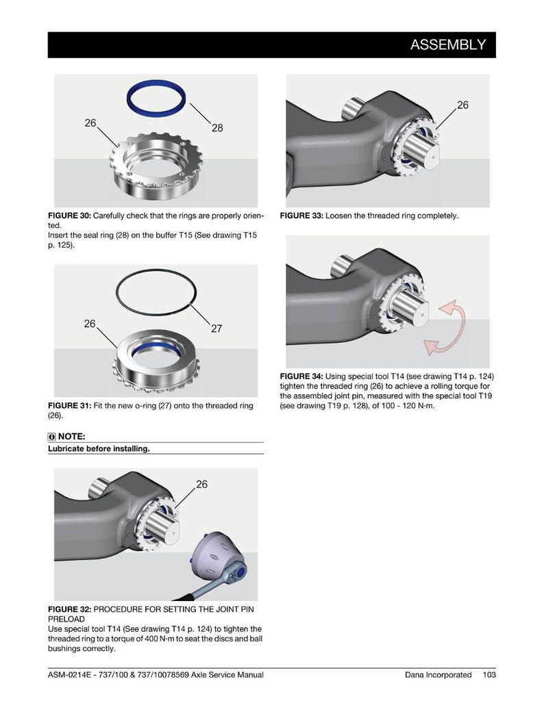 May include: Assembly diagram with close-up views of mechanical components. Includes a threaded ring, o-rings, and a joint pin. Text instructions detail the assembly process, including tightening torques and tool usage. The diagram is from an axle service manual.