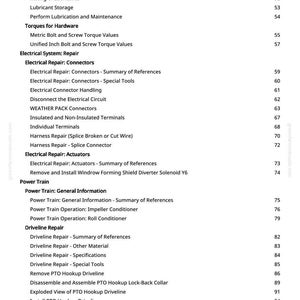 May include: A white-backgrounded page from a manual with a table of contents. The text includes topics like "Electrical Repair: Connectors", "Power Train", and "Driveline Repair". Page numbers are listed on the right.
