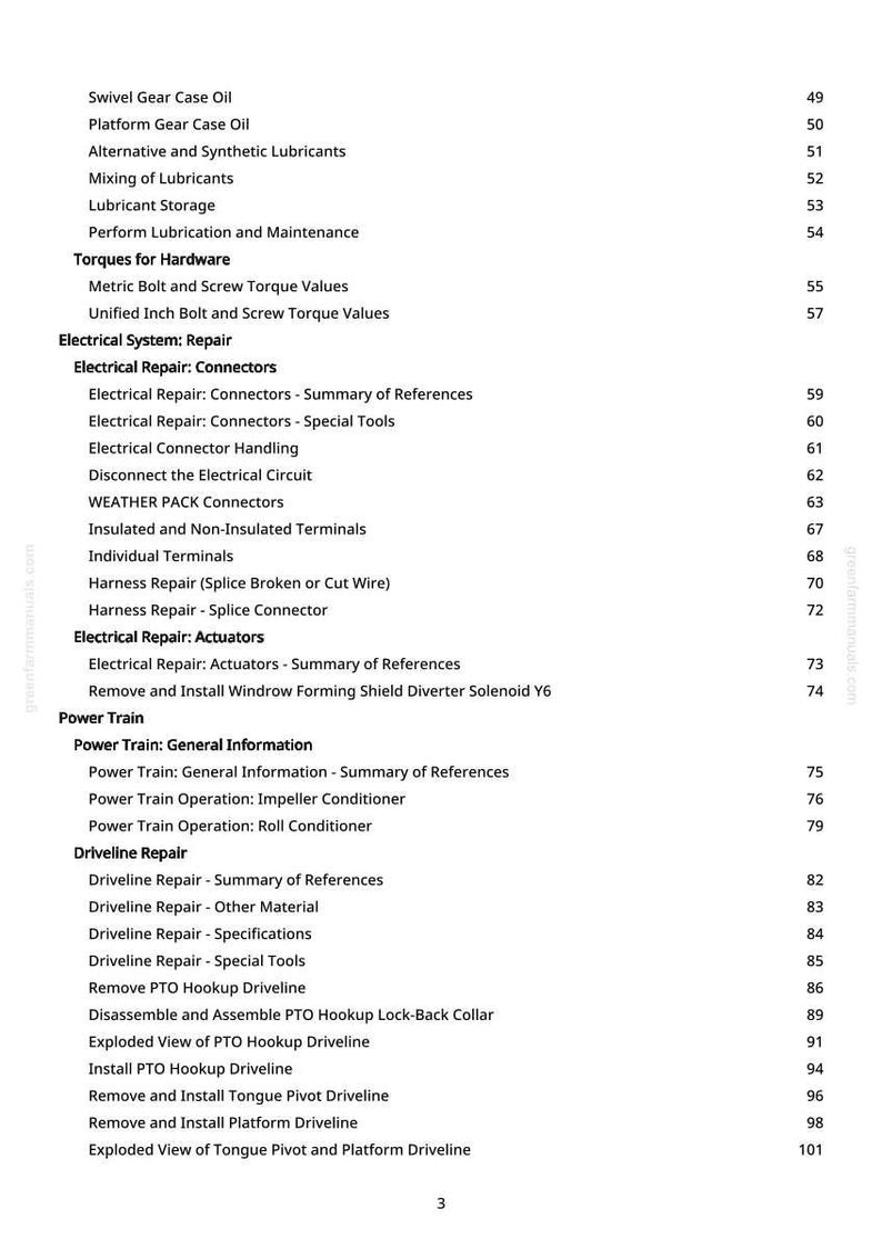 May include: A white-backgrounded page from a manual with a table of contents. The text includes topics like "Electrical Repair: Connectors", "Power Train", and "Driveline Repair". Page numbers are listed on the right.