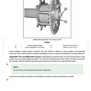 May include: Diagram of a mechanical component assembly, featuring a toothed wheel, a shaft, and various fasteners. The image includes labels A, B, and C, with a legend detailing the parts. Text provides instructions for assembly and notes on clearance.