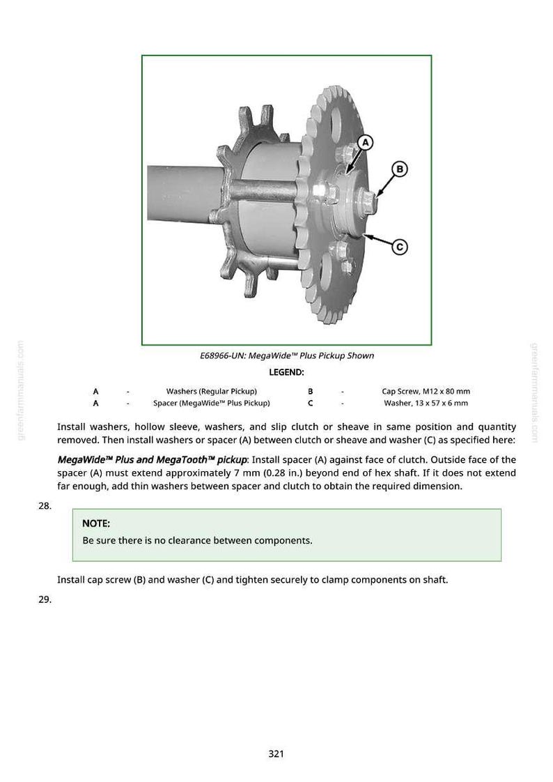 May include: Diagram of a mechanical component assembly, featuring a toothed wheel, a shaft, and various fasteners. The image includes labels A, B, and C, with a legend detailing the parts. Text provides instructions for assembly and notes on clearance.