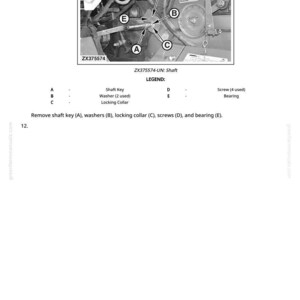 May include: Diagram of a shaft assembly, labeled ZX375574-UN, with a shaft key, washers, locking collar, screws, and bearing. The image includes a legend identifying each component with letters A through E. Instructions are provided for removing the components.