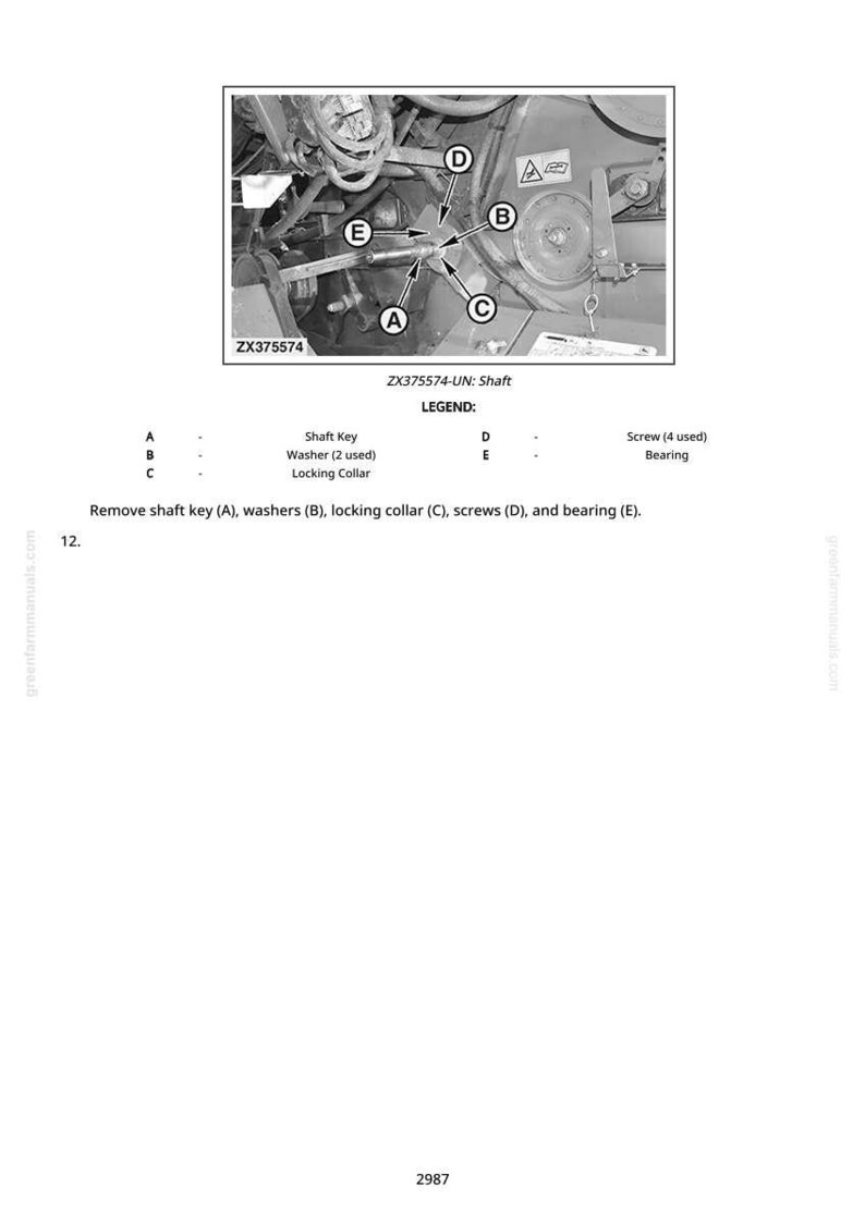May include: Diagram of a shaft assembly, labeled ZX375574-UN, with a shaft key, washers, locking collar, screws, and bearing. The image includes a legend identifying each component with letters A through E. Instructions are provided for removing the components.