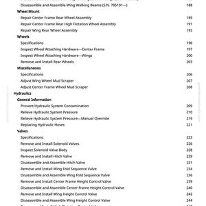 May include: A page from a manual with a table of contents. The text lists various repair and maintenance procedures for agricultural equipment, including wheel assemblies, hydraulics, and valves. The page number is 5.