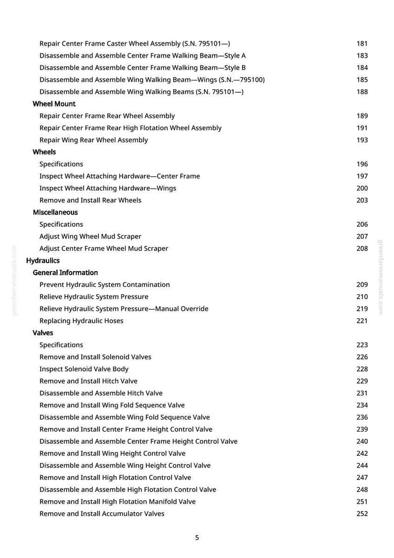May include: A page from a manual with a table of contents. The text lists various repair and maintenance procedures for agricultural equipment, including wheel assemblies, hydraulics, and valves. The page number is 5.
