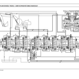 May include: A technical diagram in black and white, labelled "FOLDOUT 22". The diagram shows a hydraulic system with interconnected components, lines, and symbols. Text includes "WHEN PUMP FLOW DIVIDED, TRAVEL + ARM IN OPERATED SIMULTANEOUSLY".