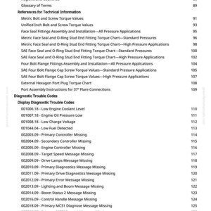 May include: A detailed table of contents from a manual, listing sections, subgroups, and diagnostic trouble codes. Includes references for technical information, such as torque values and fitting assemblies. The document also lists diagnostic trouble codes.