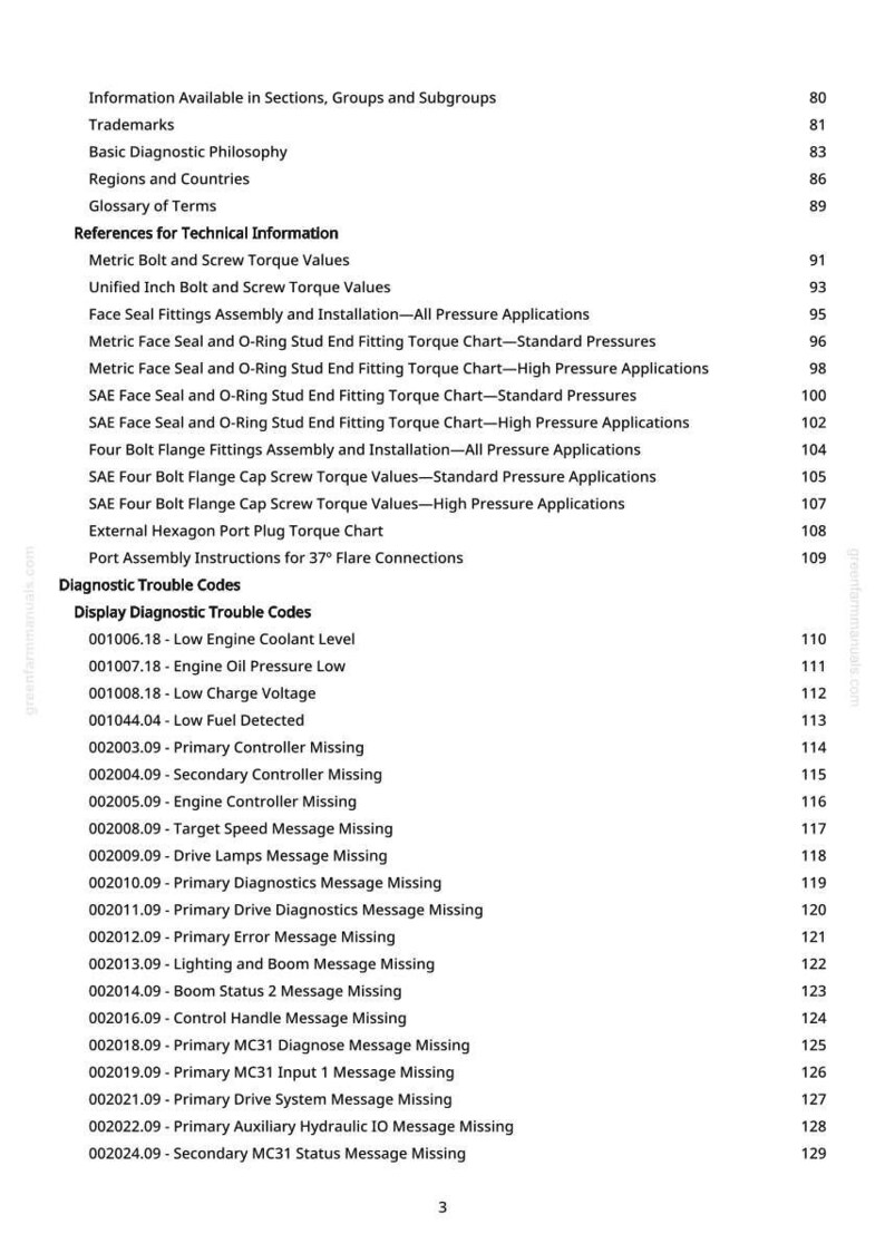 May include: A detailed table of contents from a manual, listing sections, subgroups, and diagnostic trouble codes. Includes references for technical information, such as torque values and fitting assemblies. The document also lists diagnostic trouble codes.