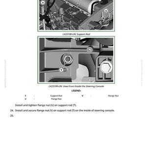 May include: Diagram showing mechanical parts, including a support rod, flange nuts, and a steering console. The image has labels and instructions for installing and tightening the nuts.