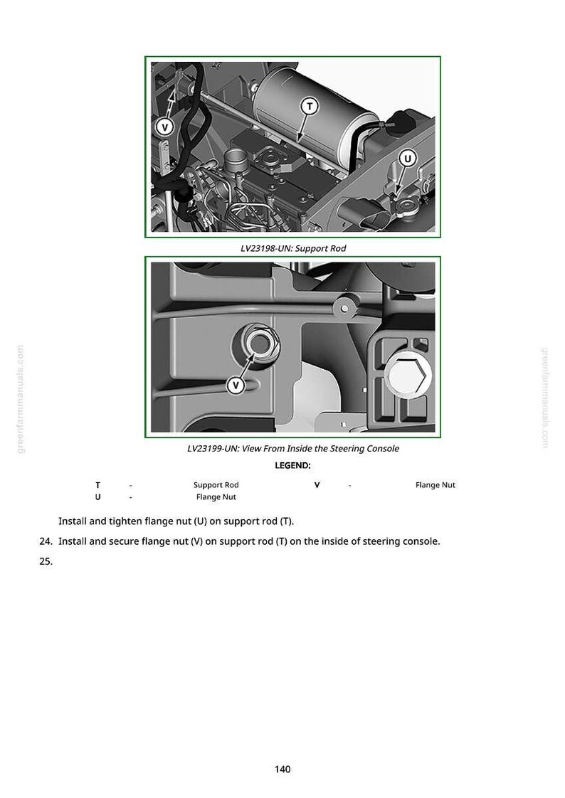May include: Diagram showing mechanical parts, including a support rod, flange nuts, and a steering console. The image has labels and instructions for installing and tightening the nuts.