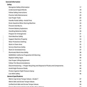 May include: A page from a manual titled "Table of Contents" with a list of safety and maintenance topics. The text is black on a white background, with page numbers on the right. Topics include safety, tools, and fuel.