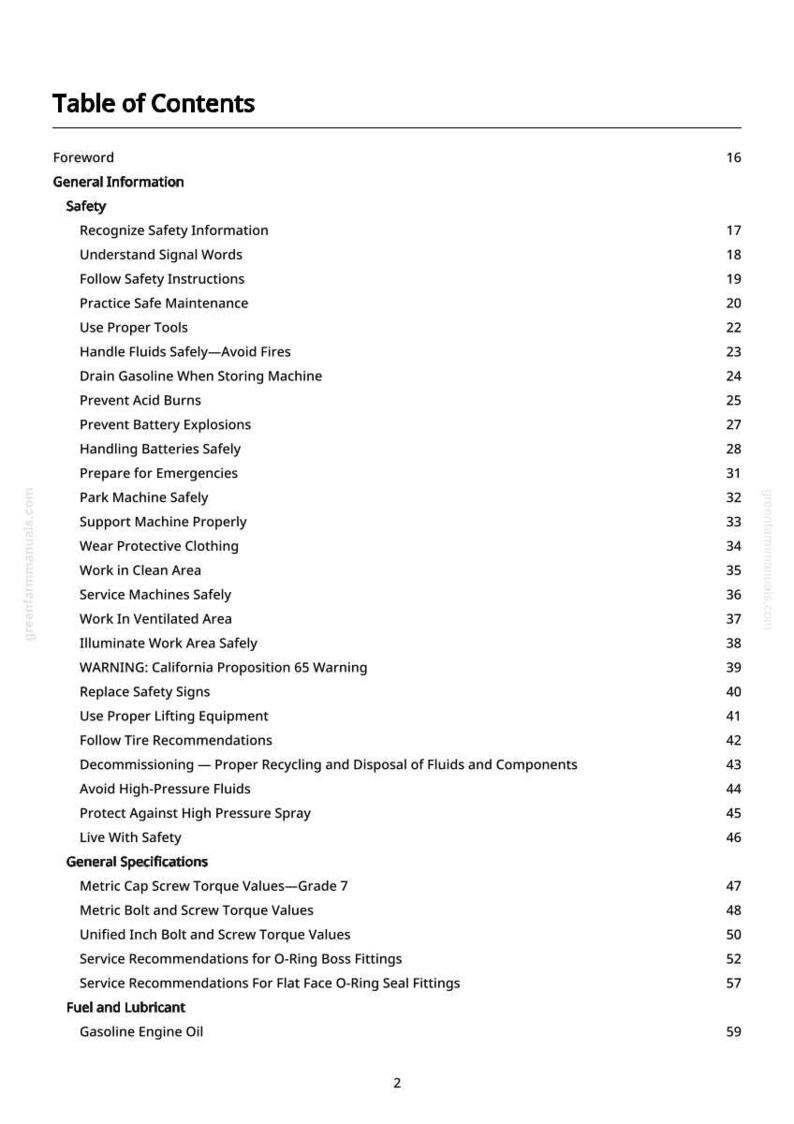May include: A page from a manual titled "Table of Contents" with a list of safety and maintenance topics. The text is black on a white background, with page numbers on the right. Topics include safety, tools, and fuel.