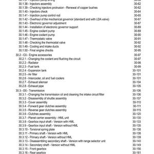 May include: A detailed table of contents from a manual, listing various engine and transmission components. Includes sections on injection pumps, cooling systems, and gearboxes. The page numbers are listed on the right.